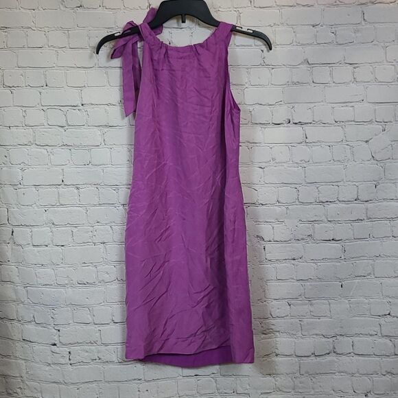 Banana Republic Petite 00P Tie Neck SILK Purple Party Dress Sleeveless Shift - Picture 6 of 10
